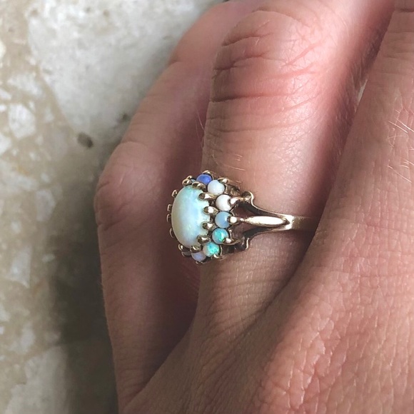 Vintage Jewelry - Fiery Opal Halo Victorian Antique Gold Ring 10K
